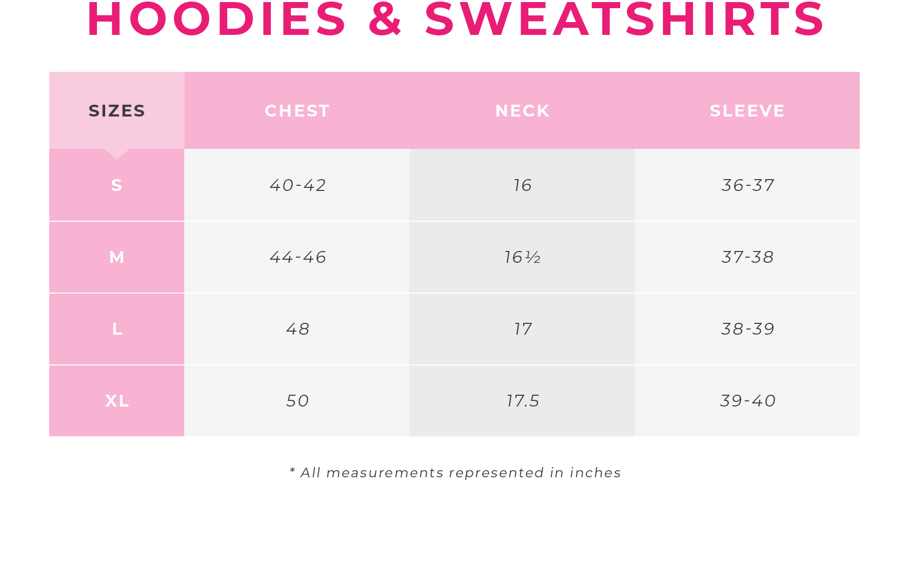 Charlotte Russe | Mens Size Guide - Hoodies + Sweatshirts